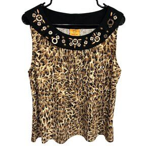 Ruby Rd. Petite Sleeveless Animal Print Top Embellished Black Collar Sz PXL